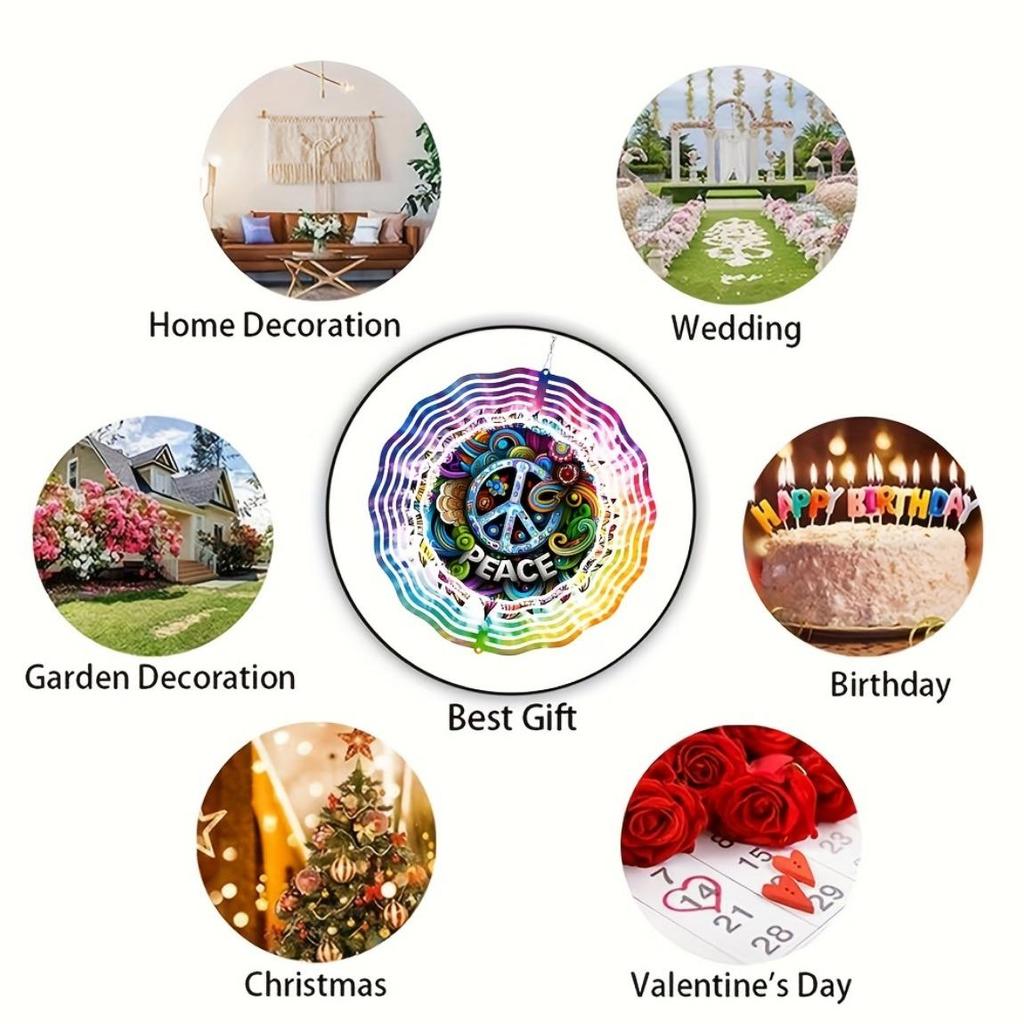 25.4cm Metal Wind Spinner 360° Rotating Hook Laser-Cut Floral Peace Symbol Outdoor Garden Decor Holiday Ornament