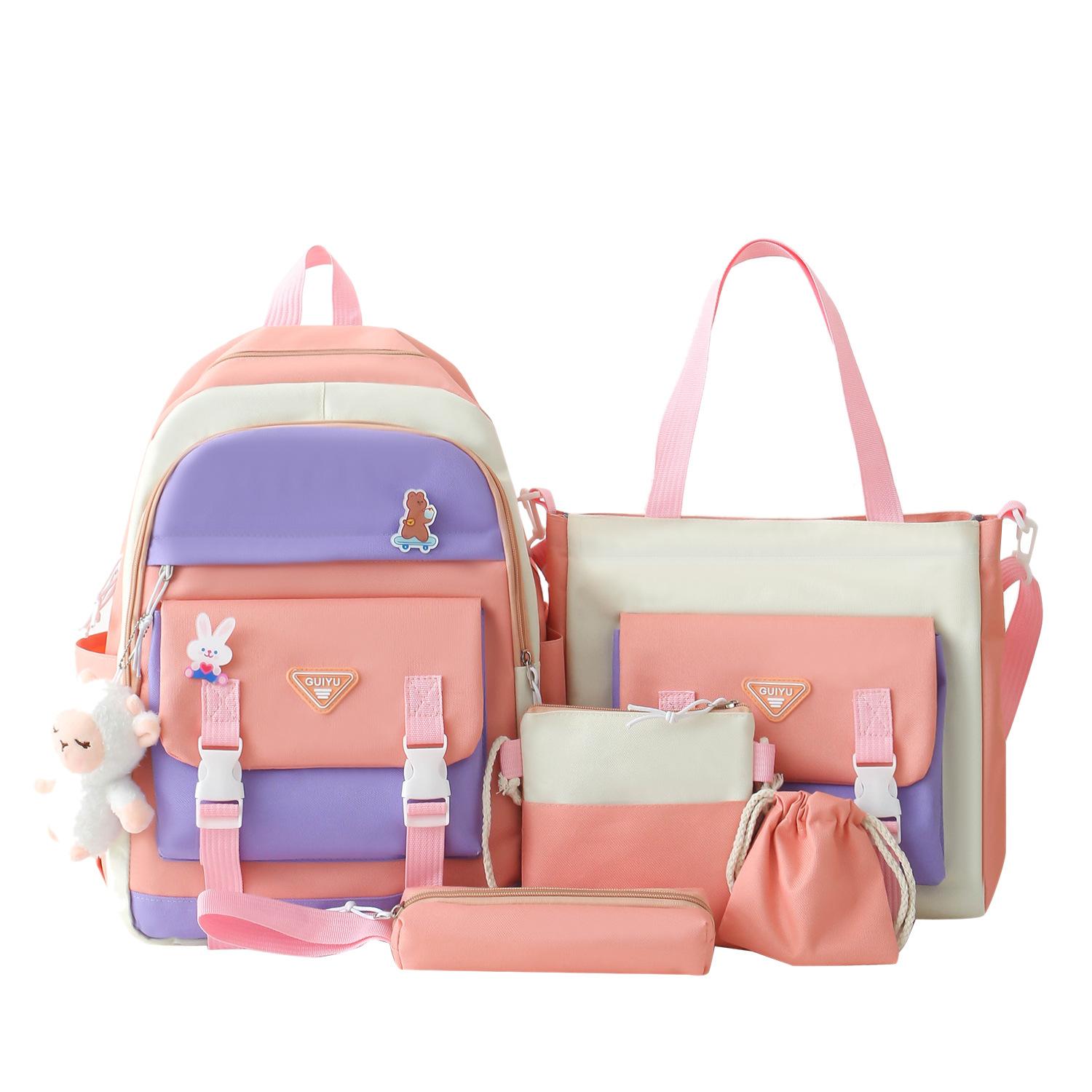 

Студенческий школьный рюкзак из пяти предметов, легкий рюкзак большой емкости, повседневный рюкзак розовый