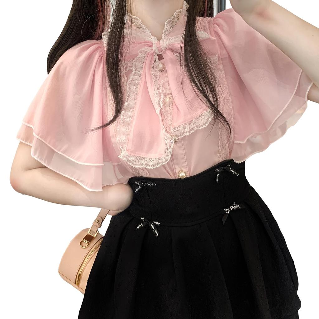 Sleeveless Blouse with Cute Ribbon and Ruffle Lolita Neat and Girly Lightweight Chiffon Pink [XHSUKADO] Women's Cape-Style Stand-Up Collar, Lace,