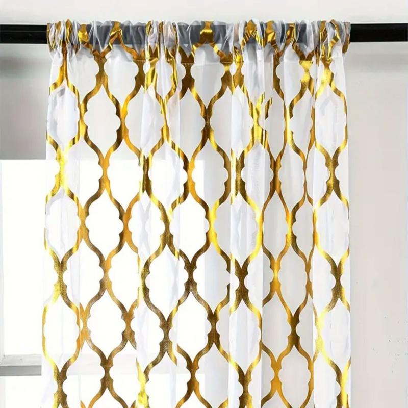 Geometric Gold Foil Sheer Curtains – Set of 2 Panels, Semi-Blackout, Light Filtering Window Curtains