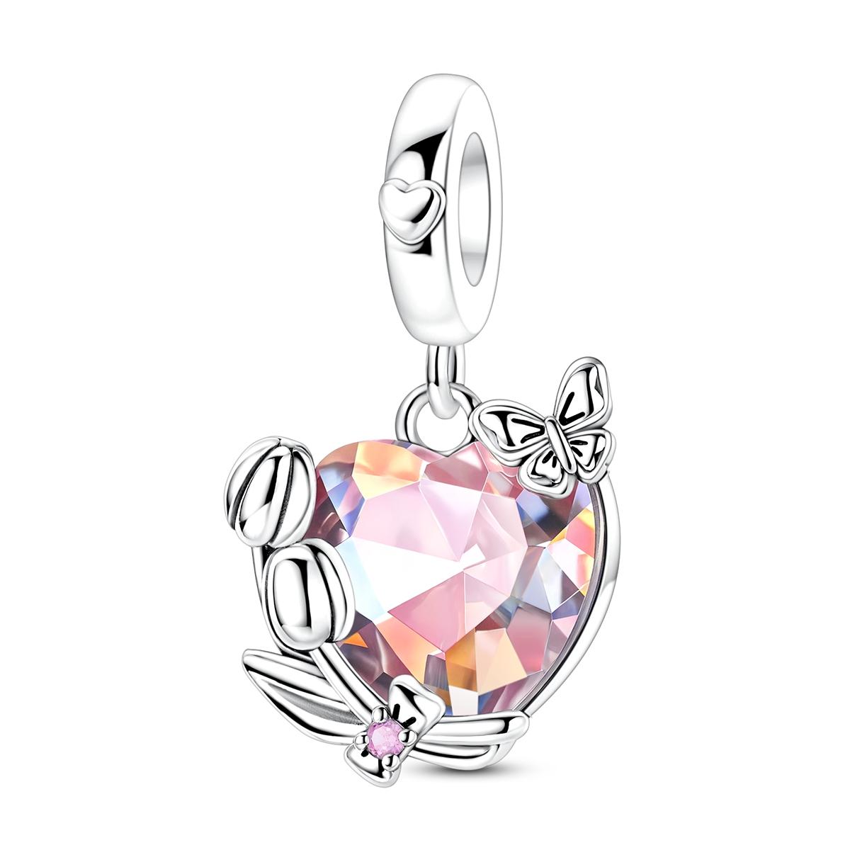 

Copper Tulip Lily Large Heart Shape Zircon Pendant Charms Charm Fit Original Diy Bracelet Accessories Women Jewelry