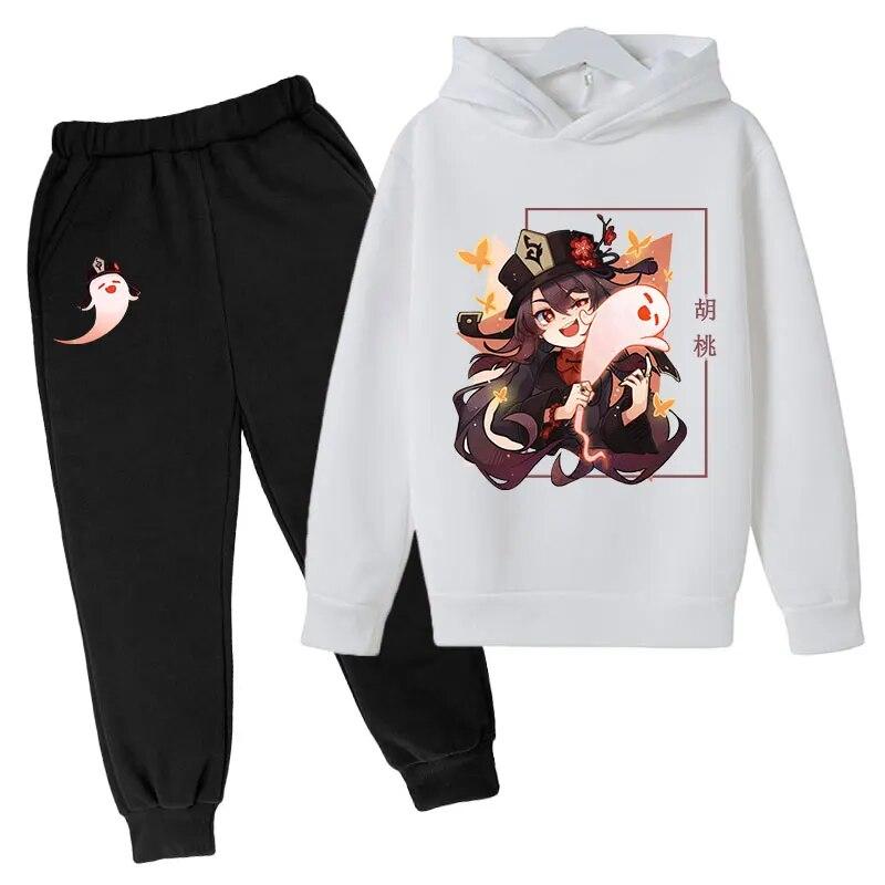 Anime Game Genshin Impact Printed Boys Girls Tracksuit Sets HuTao Pattern Hoodie + Pants 2pcs Sets Fashion Casual Unisex Clothing Children's Set