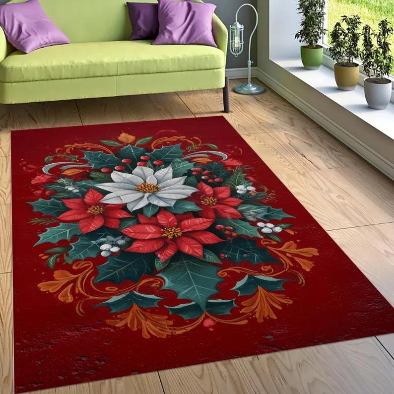 Красный Рождественский Ковер,белый Ковер с Красной Пуансеттией,праздничный Цветочный Декор Ковер,праздничный Зимний Ковер,винтажный Рождественский Настенный Ковер,рождественский Ковер 40x60cm Flannel