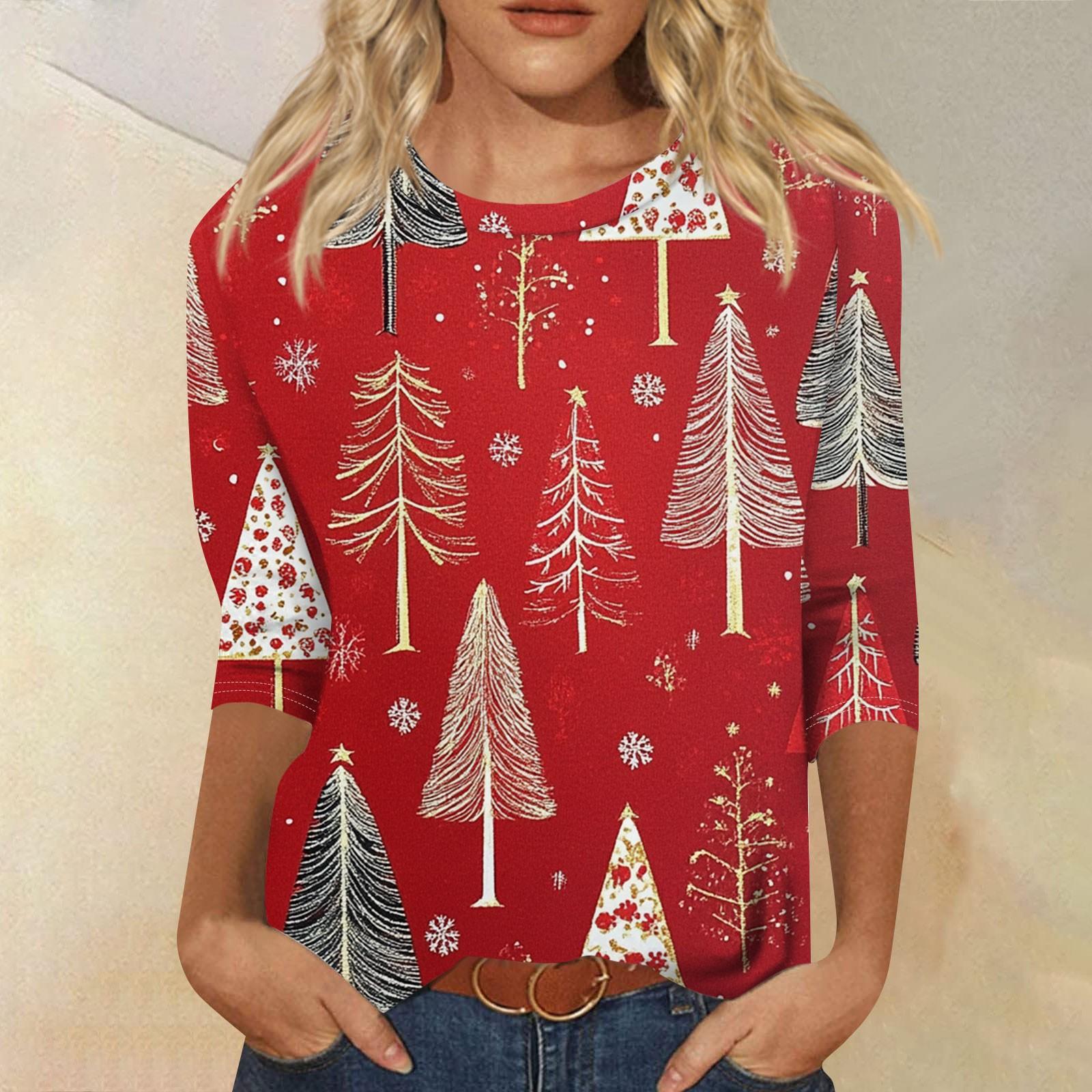 

Женская мода повседневная рубашка с круглым вырезом и рождественским принтом, семь рукавов S