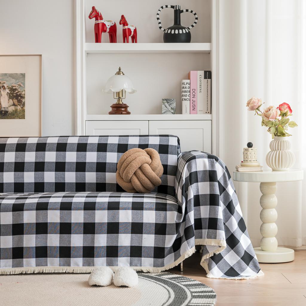 Christmas Sofa Cover Plaid Slipcover Couch Cover Grid Living Room Pet Bed Chair Soft with Tassel Washable Towel Throw Blanket