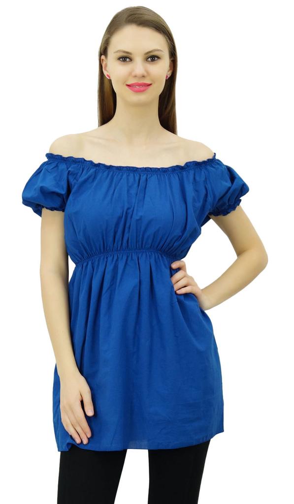 Bimba Women's Off shoulder Puff Sleeve Tops Elastic Waist Blouse Cotton