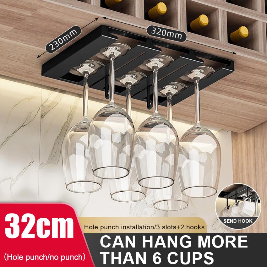 Stainless Steel Under Cabinet Wine Glass Cup Holder Space-Saving Bar Counter Shelf Storage Rack Hanging Hooks Goblet Pokal Stand