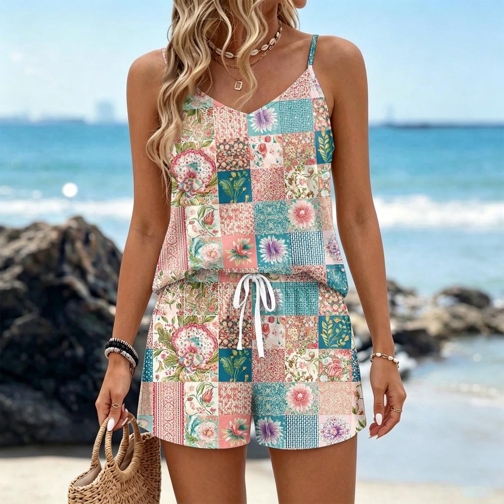 Women Summer Casual Two Piece Set Sleeveless Tank Top with Square Neck and Printed Shorts with Pockets Lightweight Lounge Outfit
