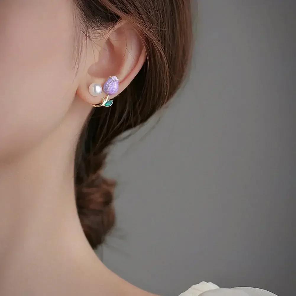 Pink Tulip Imitation Pearl Earrings Rose Flower Two Ways To Wear Ear Studs for Girls Daily Wear Women Ear Piercings Gifts