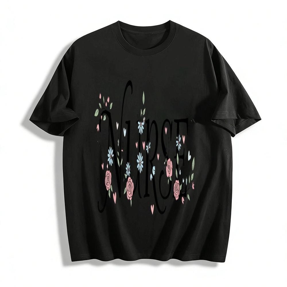 

Floral Nurse Print Casual Crewneck Short Sleeve T-Shirt Pure cotton T-shirt XXS