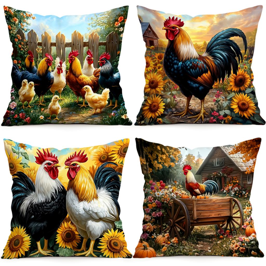 1/4pcs Farm Rooster Cushions Pillowcase Polyester Cushion Cover Throw Pillow Pillowcover Home Car Sofa Decor