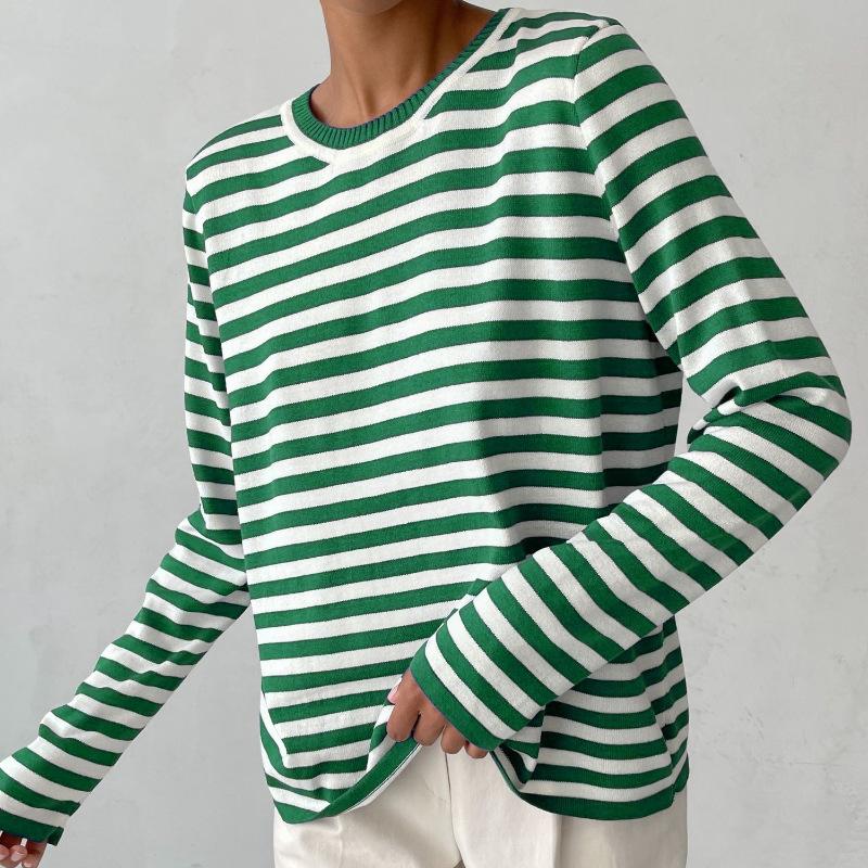 Round Neck Knit Striped Jumper Spring Summer Hundred Classic Retro Striped Pullover Jumper Women Blend Comfortable Undercoat Long Sleeves Sweater