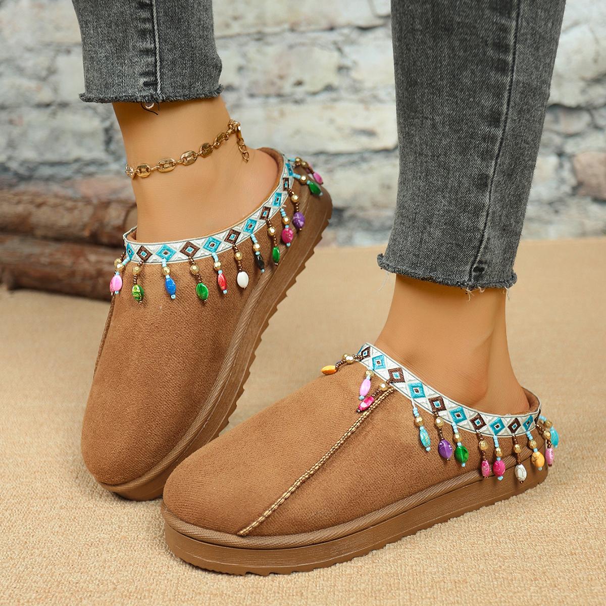 

Fashion Bohemia Fringed Decoration Cotton Slippers Women 2025 Winter Comfort Thick Bottom Non Slippers Warm Short Plush Outdoor Slides 44 хаки