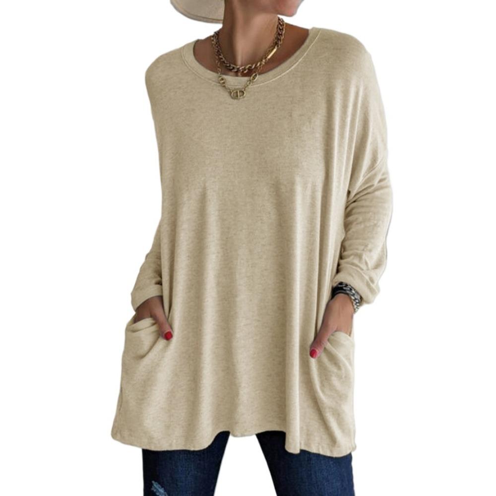 

GMXIA Женские модные повседневные летние однотонные блузки и рубашки с круглым вырезом и длинными рукавами с принтом XXL хаки