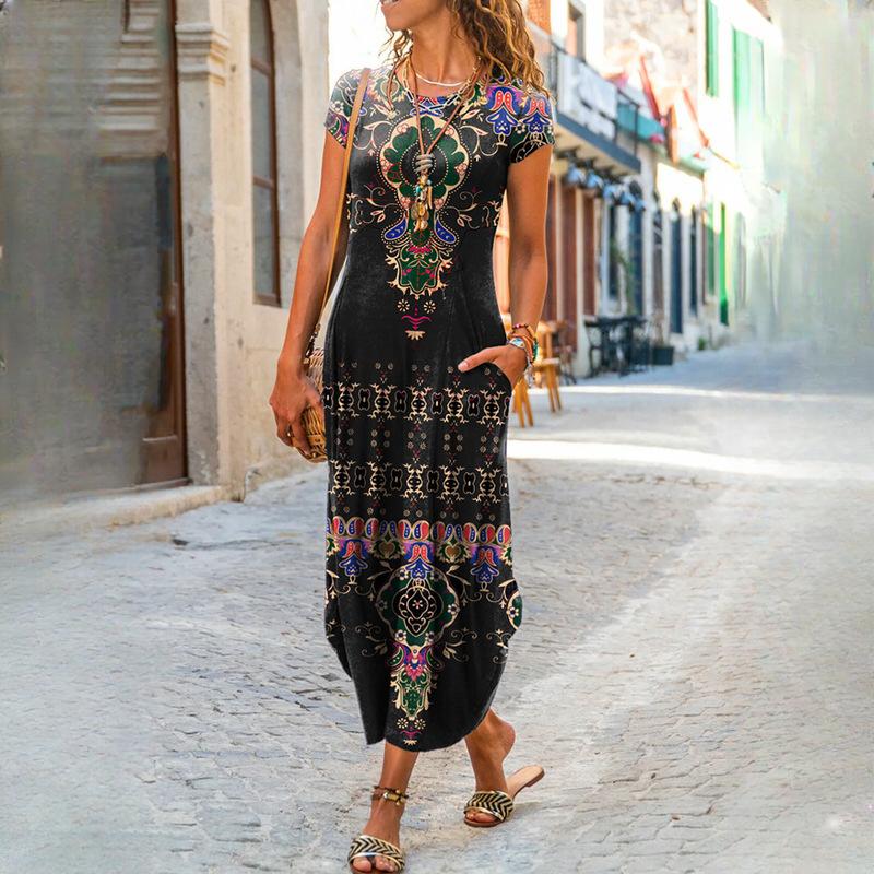 IHUASU Women's O Neck Plug Pocket Short Sleeve Trendy Printed Dresses