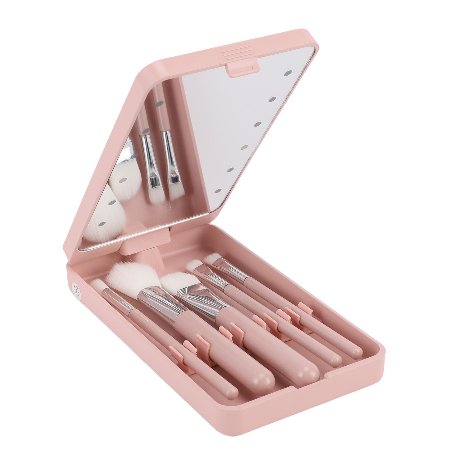 LED Light Mirror with Makeup Brush 360 Degree Rotation Travel Makeup Mirror Brushes Set Touch Control   Brightness Pink