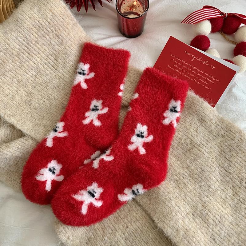 Weihnachtsjahr Rote Socken Damen Herbst und Winter Fleece Verdickt Nerzfleece Cartoon Niedlich Damen Socken Flauschig Mittellange Socken Damen