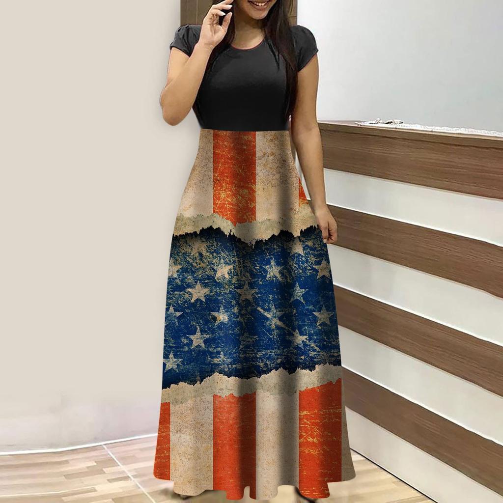 Sommerkleider für Damen 2023, modisch, lässig, Blumendruck, Rundhalsausschnitt, kurzärmelig, große Maxikleider