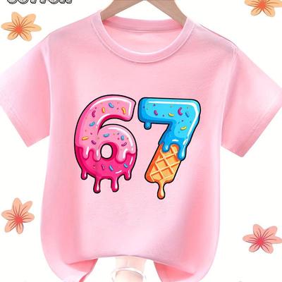 67 Sechs Sieben Italienisches Gehirnfäule Aufgedrucktes Reines Baumwoll Kinder Rundhals Kurzarm T-Shirt