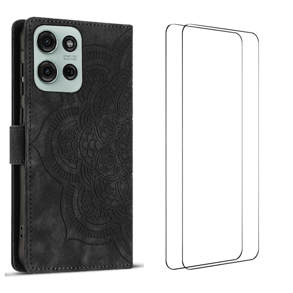 Für Motorola Moto G75 5G Hülle mit 2 Stück Panzerglas WANLONFENG MTL Serie Mandala Leder Handyhülle