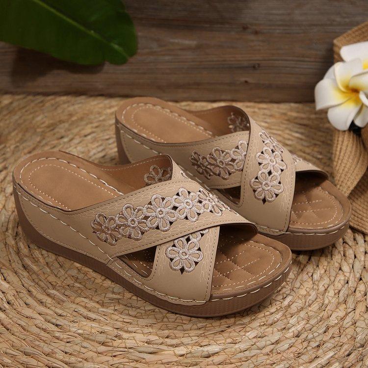 Summer Ladies Cross Wedge Heel Thick Bottom Slippers Fish Mouth Sewing Line Slippers