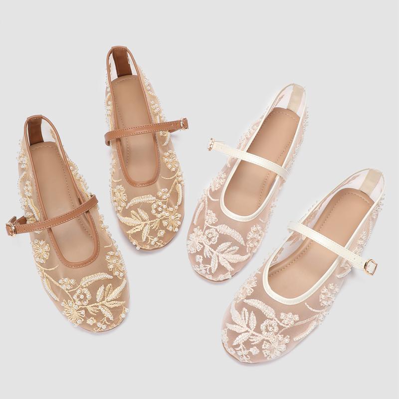 Fashion White Pearl Mesh Embroidery Ballet Flats Women Elegant String Bead Flat Sandals Light Summer Mary Jane Shoes Zapatos De Mujer