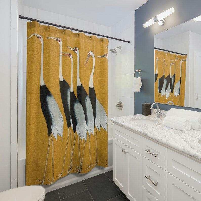 Tonnika Chen Yellow Japanese Crane Shower Curtain - Colorful Funky Bird Bath Decor For Unique Bathroom Style