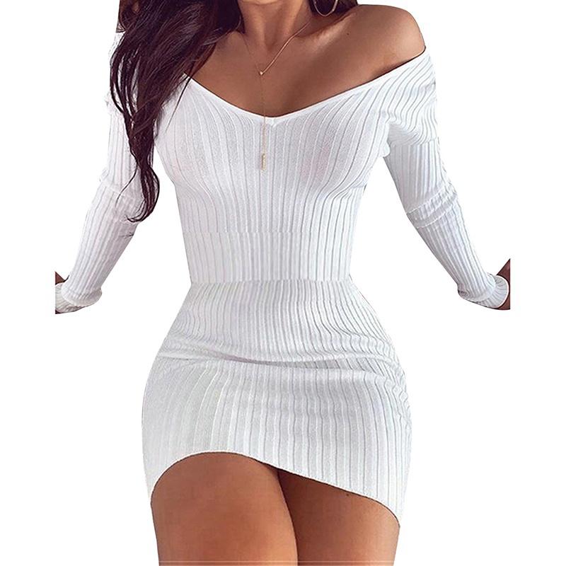 Autumn and Winter Women's V Neck Long Sleeves Slim Thin Hip Dress Warm Sweater