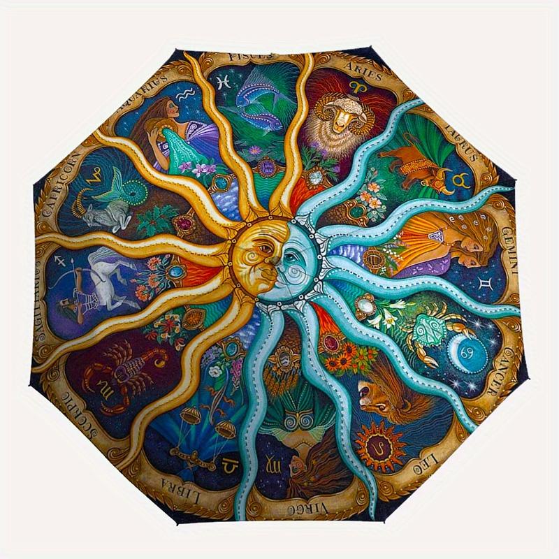 Zodiac Mandala Wall Art: Celestial Harmony DecorUmbrella, Portable 3-Fold Compact Umbrella for Men & Women Gift