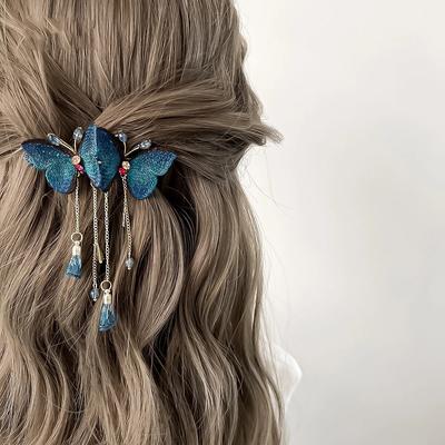 Niebieski motyl frędzle wstaw klips grzebieniowy Vintage eleganckie kobiety dziewczęta klips do włosów w koński ogon kwiat liść frędzel szpilka narzędzia do stylizacji