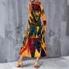 Women Plus Size V Neck Long Sleeve Colorful Printed A Line Midi Dress With Pockets