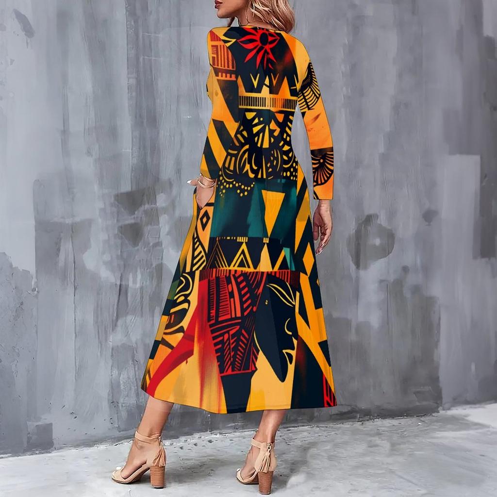 Women Plus Size V Neck Long Sleeve Colorful Printed A Line Midi Dress With Pockets