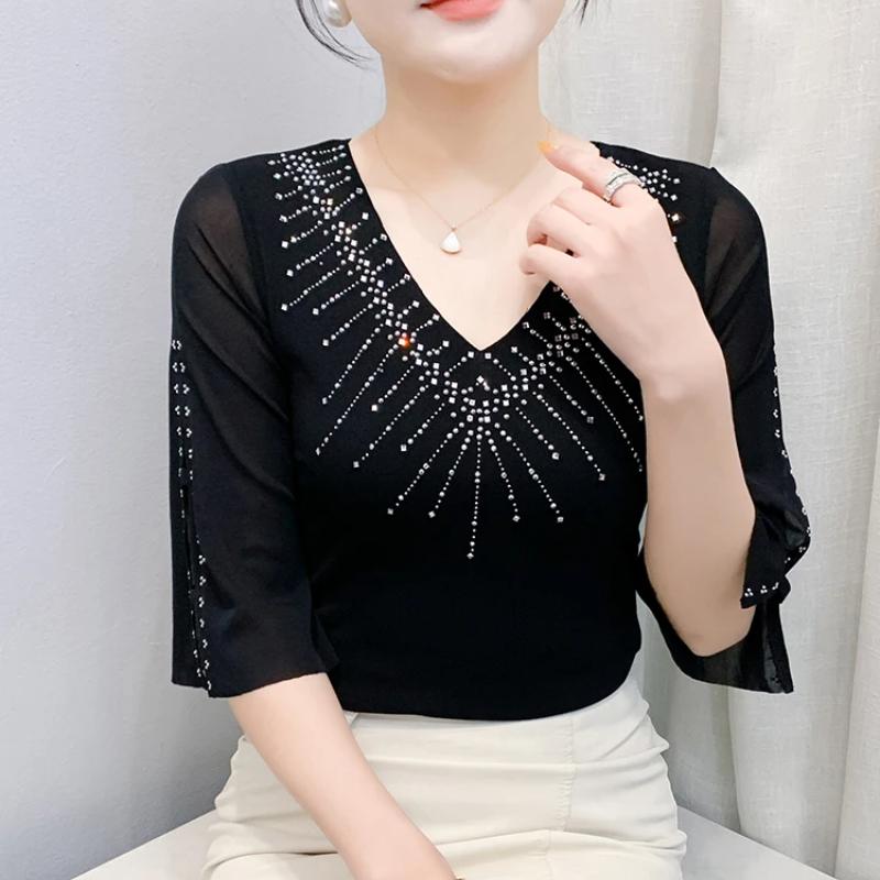 Sommer Kurzarm Damen T-Shirt Sexy V-Ausschnitt Glänzende Heiße Diamanten Oberteile Elegantes Mädchen Slim Mesh T-Shirts