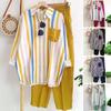 2Pcs/Set Women Outfit Shirt Pants Set Casual Elastic Waist Breathable Stripes Blouse Pants Suits Spring Summer Women Set
