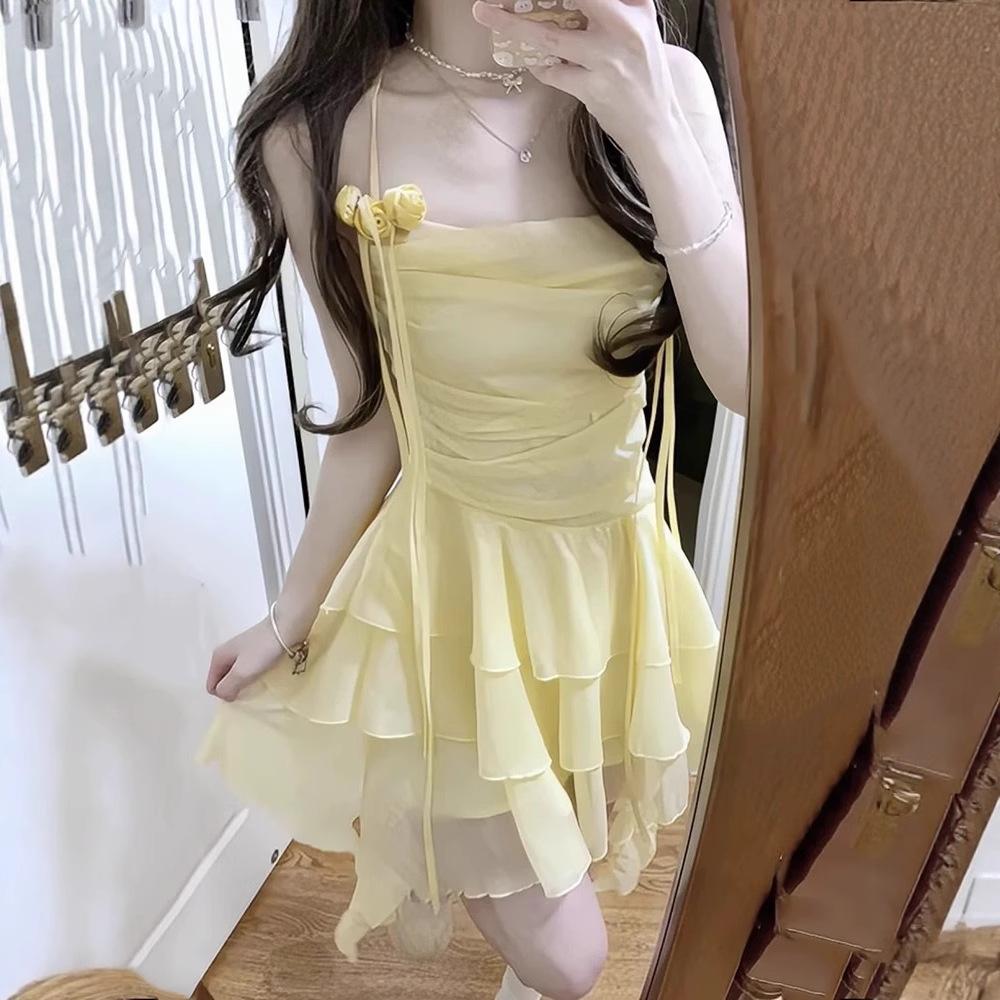 Summer new super fairy sweet girl dress suspender design irregular casual and thin short skirt