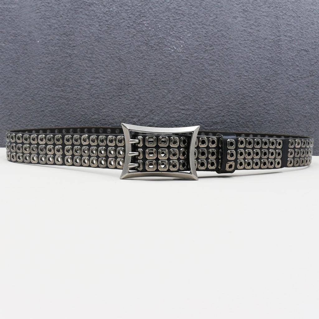 Original American Heavy Duty Leather Belt with Punk Eyelets and Rivets, Three-Pin Buckle, Unisex Cowhide Design