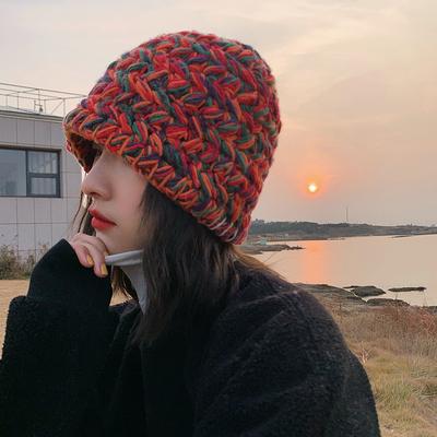 Cappello da Pescatore da Donna per Autunno e Inverno Cappello in Lana Lavorato all'Uncinetto e a Maglia Giapponese Letterario Colore a Contrasto Cappello a Secchiello da Strada
