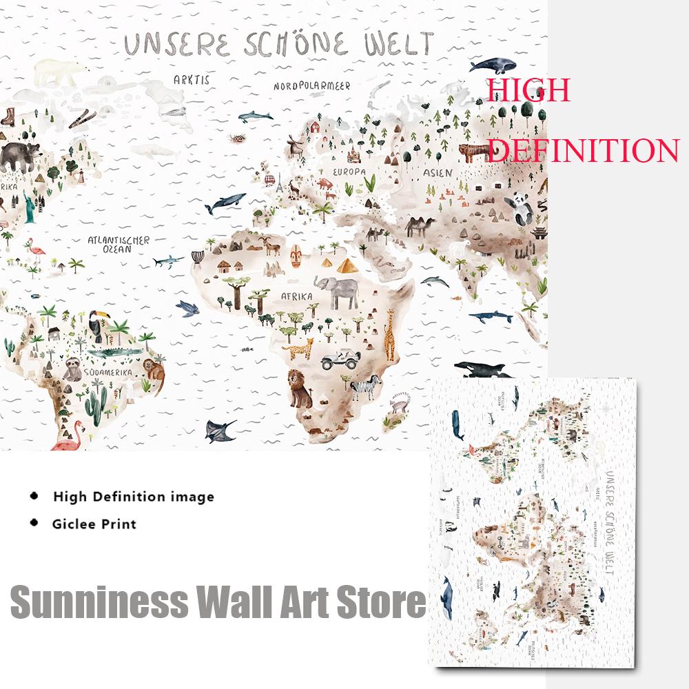 World Map Canvas Painting Animal Theme Educational Wall Art Nordic Posters and Prints Pictures for Boy Kids Room Home Decoration