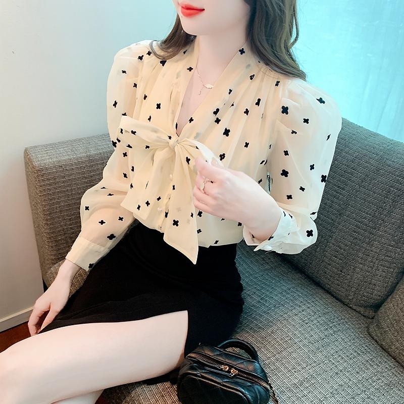 Fashion New 2024 Autumn Long Sleeve Lace Up Bow Collar Print Chiffon Blouse Shirt Women Tops Blouses Shirts J487