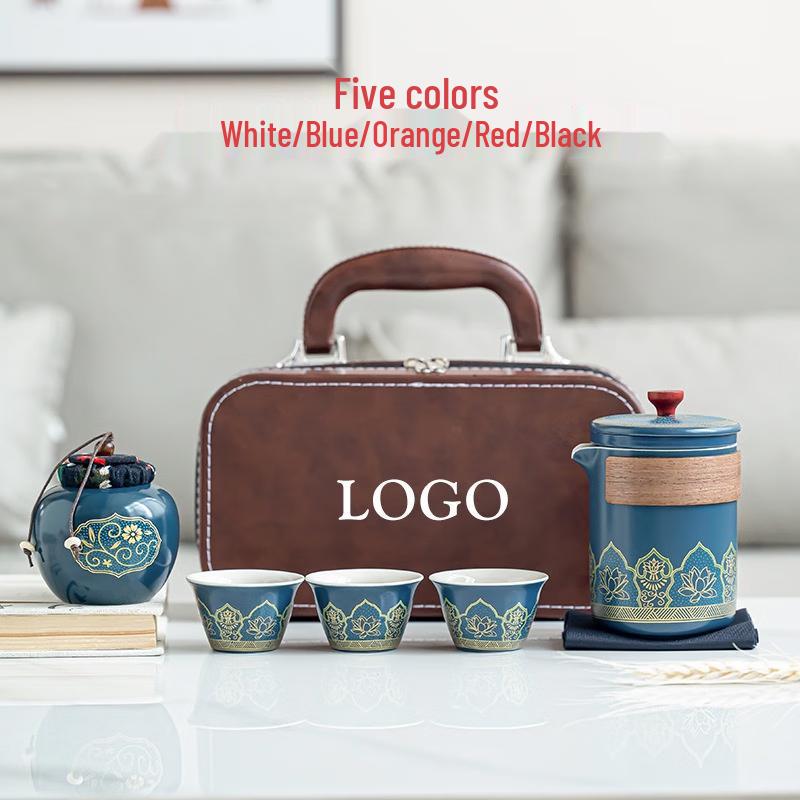 White Portable Ceramic Travel Tea Set with Oval Bag