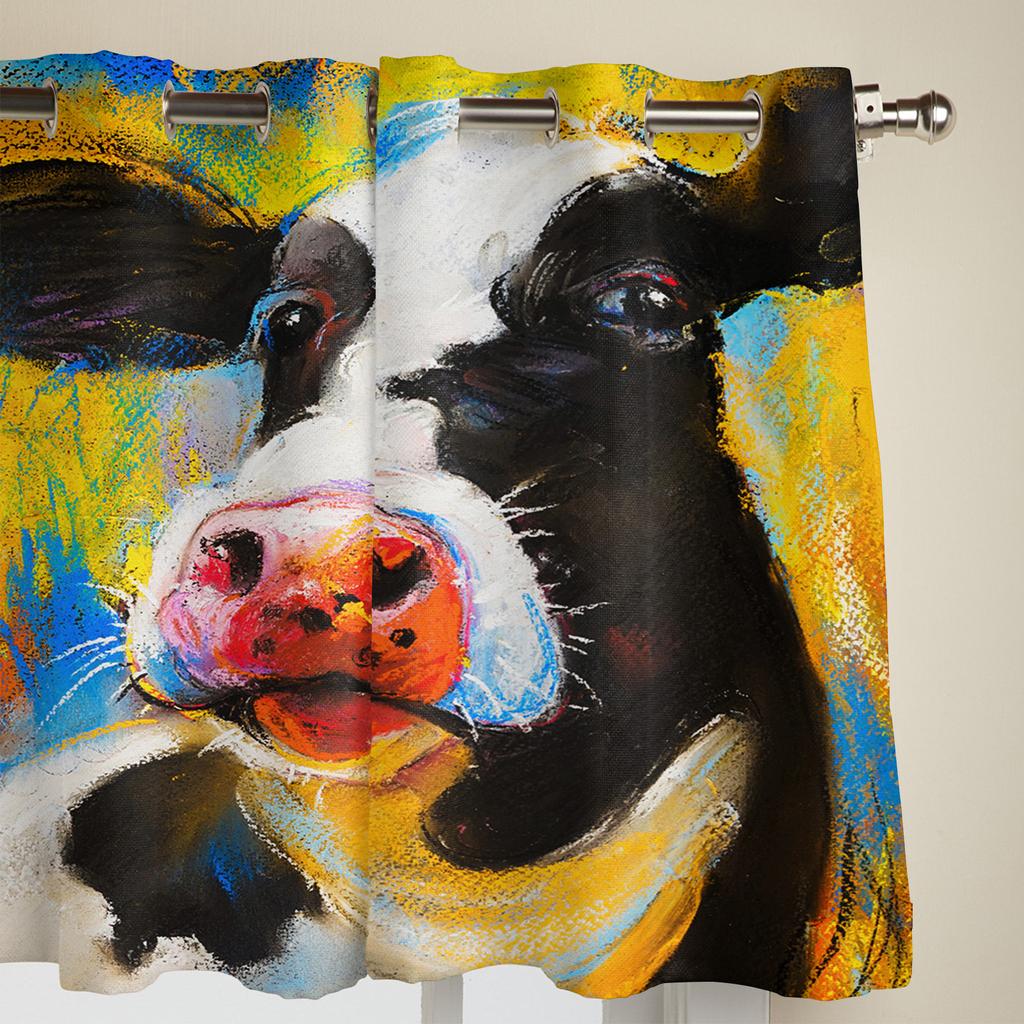 Animal Cow Color Oil Painting Window Curtains Bedroom Kitchen Drapes Panel Curtains for Living Room Christmas Home Decor