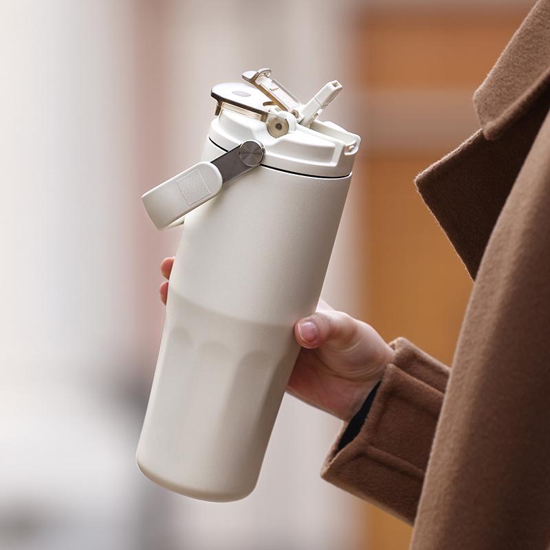 Large Capacity Men's Outdoor Thermos with Ceramic Liner & Fitness Straw