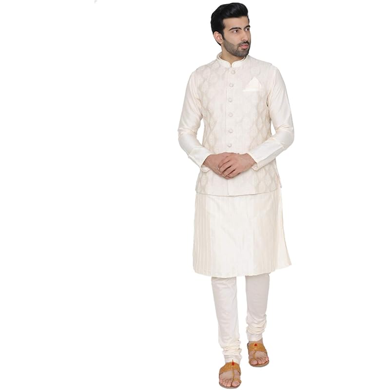 Manyavar Men's Silk Kurta Pyjama with Waist Coat (JAST072_Off-White_Medium)