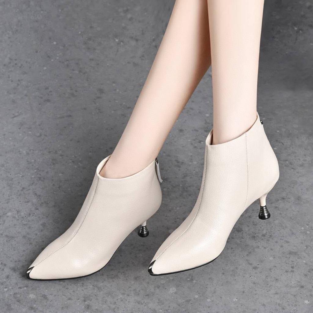 Fashion pointed toe bare boots early autumn new first-layer cowhide iron bag pointed rear zipper fashion short boots ankle boots