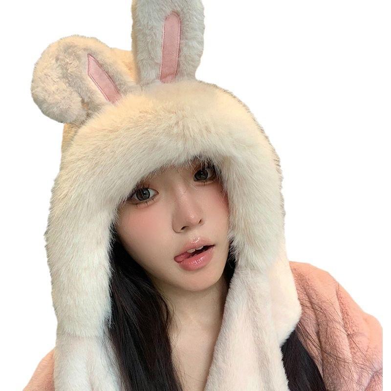 Winter Rabbit Ear Hat, Scarf Set, Cute Women'S Korean Style Thickened Fleece Warm Neck Scarf Three-Piece Set
