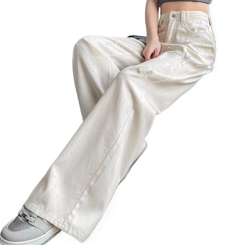 Jeans bianchi larghi strappati da donna con strass, vita alta, lunghi fino ai piedi per estate, primavera e autunno.
