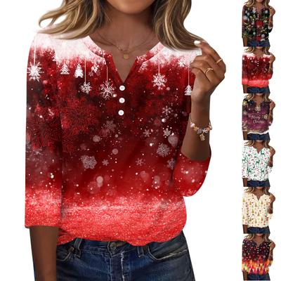 Women's Casual Christmas Print V-Neck Button Three-Quarter Sleeve T-Shirt