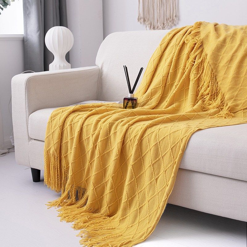 

Ромбовидное вязаное прикроватное одеяло с бахромой, одеяло для дивана, одеяло для сна, одеяло для кондиционера, прикроватное полотенце для отеля 127x170cm [with tassel] жёлтый