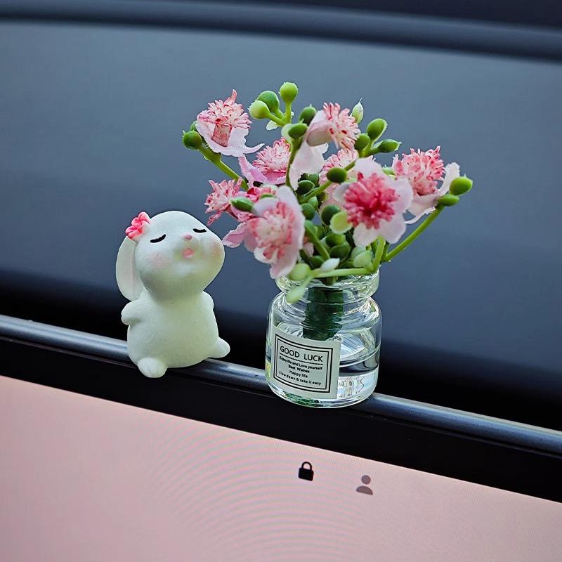 1 Set  Car Healing Doll Ornaments Cute Mini Vase And Rabbit Car Center Console Window Decoration