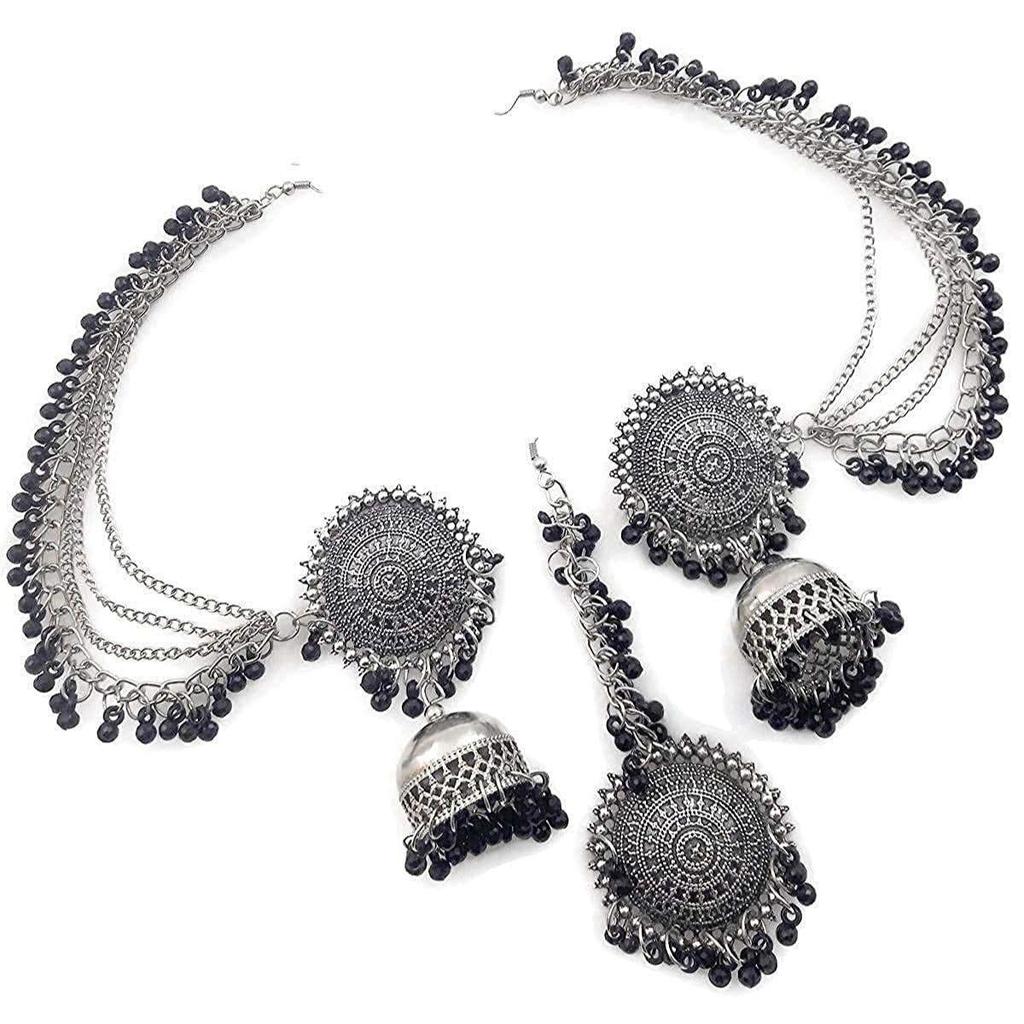 Shining Diva Fashion Latest Oxidised German Silver Antique Design Stylish Traditional Maang Tikka Jhumka Earrings Jewellery Set for Women